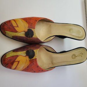 ICON Wearable Art Geisha Red Gold Mules Wedge 8 1/2 M.